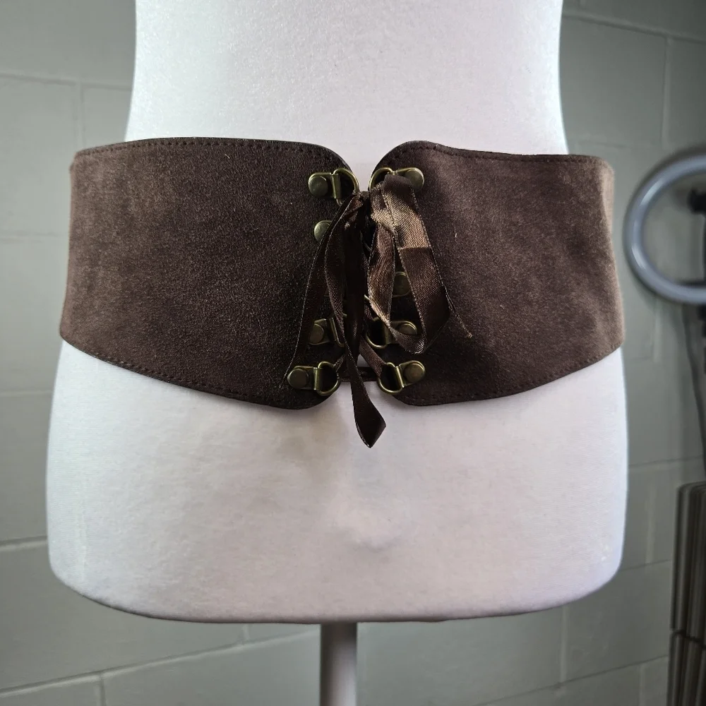 Vtg brown suede leather lace up corset Coquette womens belt